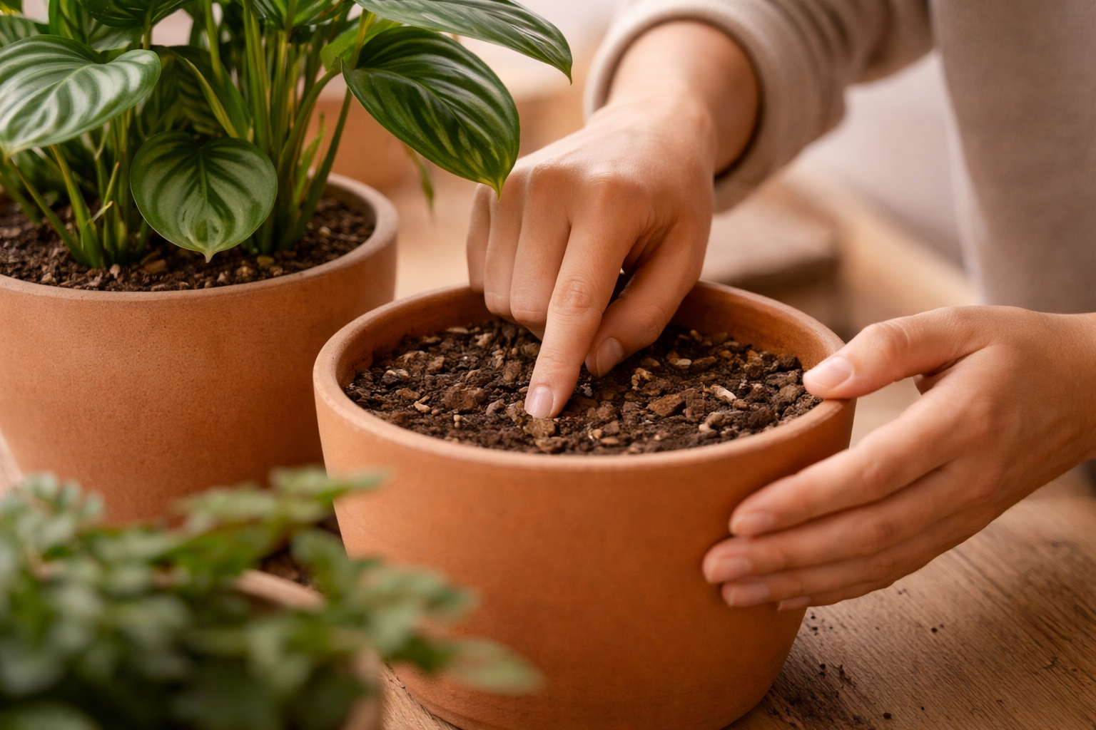 Hands gently checking soil moisture in a potted houseplant to understand root conditions.