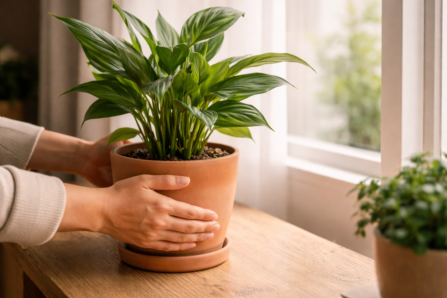 Hands gently rotating a potted plant toward natural light to support balanced growth.