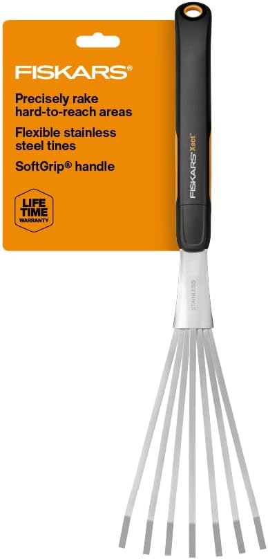 Fiskars Xact Hand Rake, Heavy Duty Gardening Hand Tool with Ergonomic Handle and Hanging Hole for Storage, Stainless Steel Head and Tines, Perfect for Maintaining a Raised Garden Bed