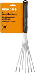 Fiskars Xact Hand Rake, Heavy Duty Gardening Hand Tool with Ergonomic Handle and Hanging Hole for Storage, Stainless Steel Head and Tines, Perfect for Maintaining a Raised Garden Bed