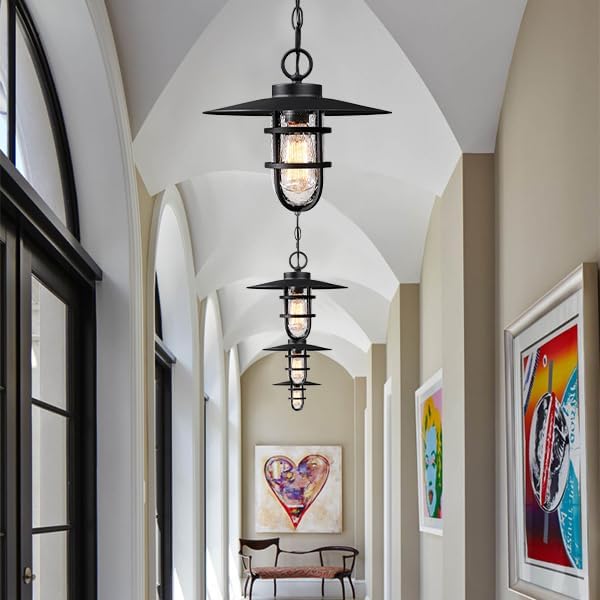 Outdoor Pendant Light for Porch, 12" Black Outdoor Chandelier with Seeded Glass, Farmhouse Exterior Hanging Lantern with 70" Adjustable Chain for Patio Gazebo Front Door(Bulb Included