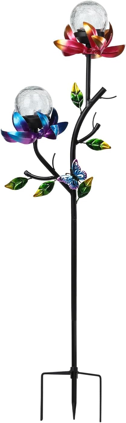 VCUTEKA Solar Garden Flowers with LED Light Crackle Glass Globe Solar Lights Outdoor Metal Stake Wind Spinner for Garden Decoration, Patio Decor, Yard Decor and Gift for Mother