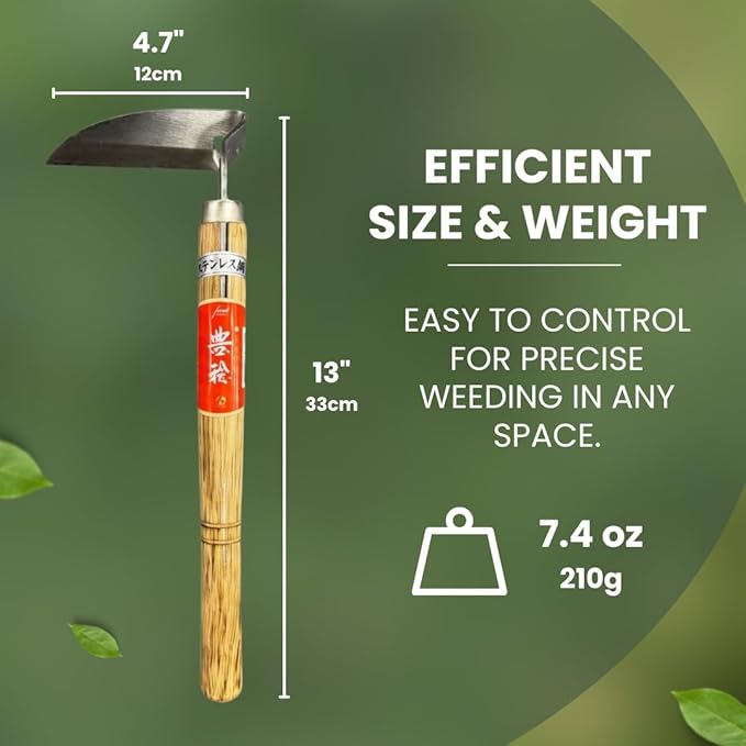 Hounen Miyawaki Japanese Weeding Sickle, Twisted Stainless Steel Kama Weeder (4.7 in (12 cm) Blade), 13 in (33 cm) Wood Handle, Root Slicer for Garden Beds & Crabgrass, Made in Japan