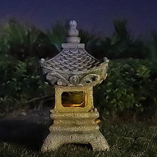 Asian Solar Zen Pagoda Garden Statue 14 Inch, Outdoor Japanese Lamp Lantern for Home Garden Landscape Décor (14 inch Pagoda)
