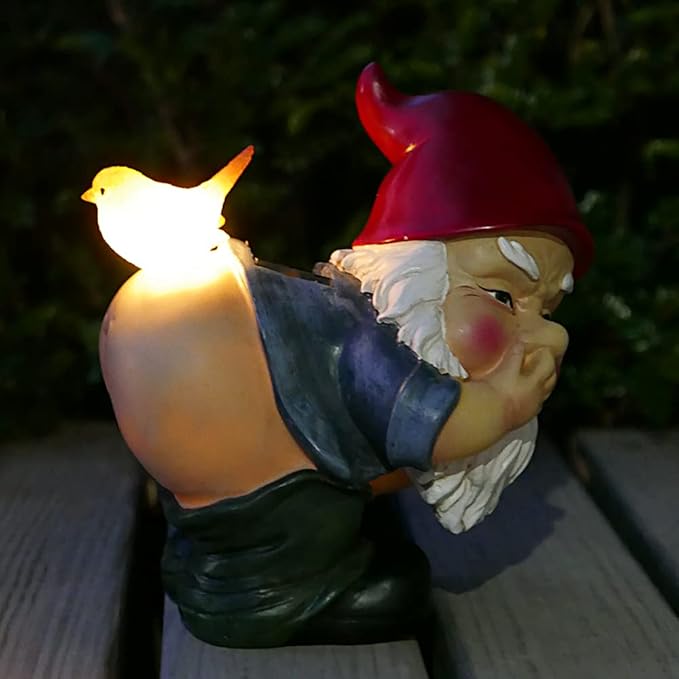 Funny Garden Gnomes Decor Yard Statue Solar Powered Knomes Figurines Light Naughty Sculpture Outside Decoration Lawn Ornament for Dad Grandpa Man