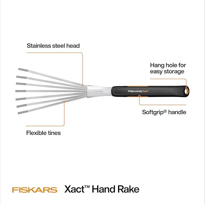Fiskars Xact Hand Rake, Heavy Duty Gardening Hand Tool with Ergonomic Handle and Hanging Hole for Storage, Stainless Steel Head and Tines, Perfect for Maintaining a Raised Garden Bed