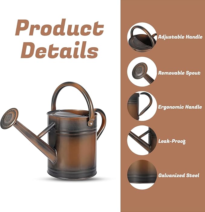 1 Gallon Watering Can for Plants, Watering Cans for Indoor&Outdoor Gardening, Galvanized Steel Watering Pot with Removable Spout, Metal Water Can with Ergonomic Movable Handle(Copper)