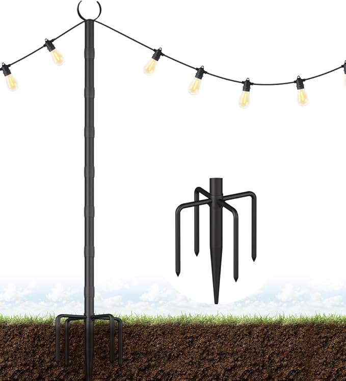 10Ft String Light Poles for Grass & Soil, Outdoor Light Stand with 5-Prong Fork Base, Heavy-Duty Metal Poles for Backyard, Garden & Patio Party Lighting, Rustproof & Adjustable