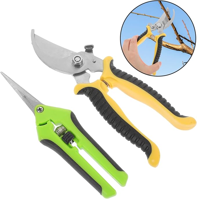 Uonlytech 2pcs Sk5 Steel Garden Pruning Shears and Straight Nose Trimming Scissors Set for Fruit Trees and Plants, Yellow and Green Multi-function Gardening Tool Kit for Home and Outdoor Use