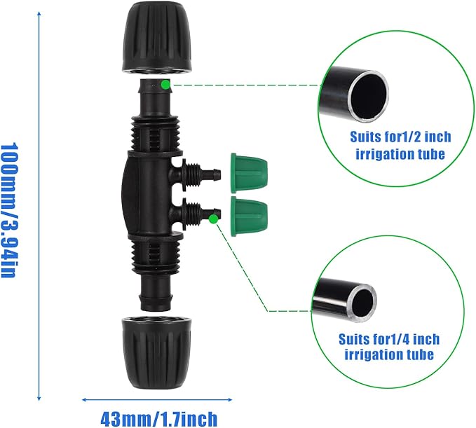12 Pcs Lock Barbed Tee 1/2 inch Tubing to 1/4 Inch Tubing Irrigation Fittings for (1/2'' ID x 0.60''-0.63'' OD) ANTI-LEAK Drip Irrigation Connectors(12Pcs Lock Barbed Tee four Way)