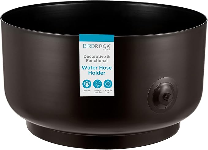 BIRDROCK HOME Decorative Footed Water Hose Holder Pot - Ground Garden Hose Box - Steel - Powdered Coated - Embossed - Steel Metal Hider - Outdoor or Indoor Use (Oil Rubbed Bronze)