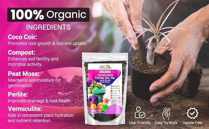 Organic Autoflower Potting Soil Mix – Ready-to-Use Living Soil, No Fertilizers Needed – Balanced Nutrients, Light Texture, Excellent Drainage, Boosts Germination & Root Growth (1 Quart)