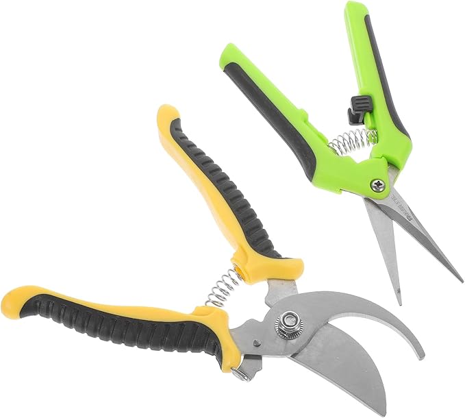 Milisten 2pcs Sk5 Steel Pruning Shears Garden Hand Tools with Straight and Curved Blades, Yellow and Green Handles, Multipurpose Plant and Fruit Tree Branch Trimming for Gardening