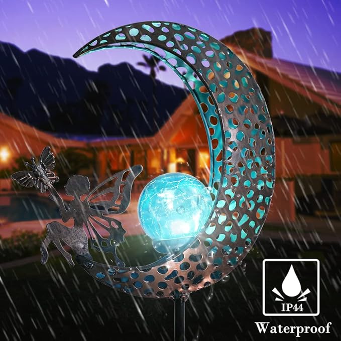 Bshine Moon Solar Light Outdoor Garden Decoration, Moon Fairy Garden Statue Decor,Metal Waterproof Light Stake for Patio, Path, Yard and Lawn Ornament, Housewarming Gift for Mom,Blue