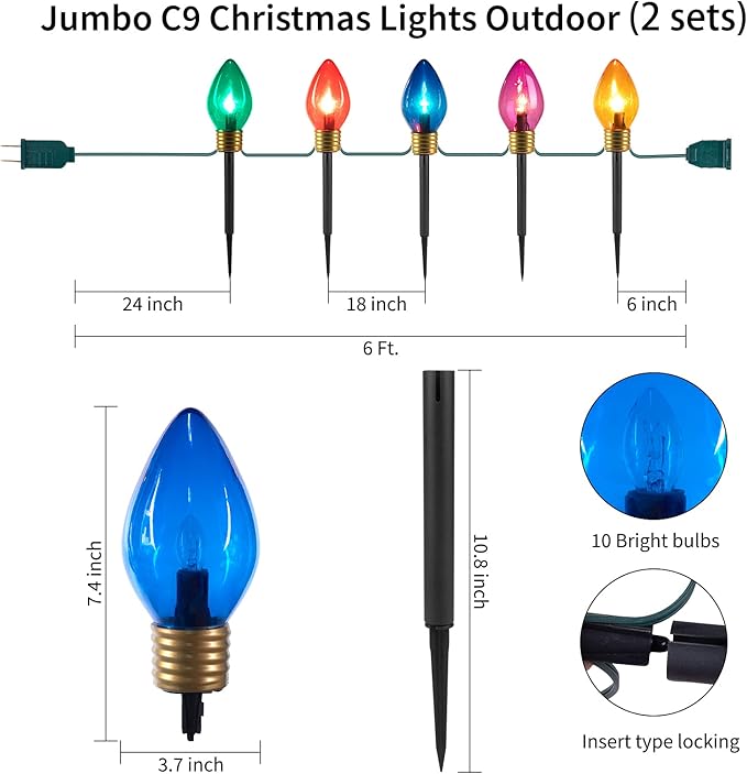 2 Pack Christmas Lights Jumbo C9 Outdoor Lawn Decorations with Pathway Marker Stakes, Total 21Ft 10 LED C7 Lights Covered Jumbo Glitter Multicolor Bulb for Holiday Outside Yard Garden Decor