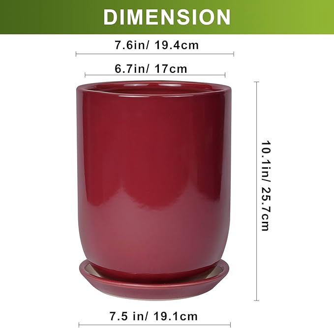 SUNPOTFOR Ceramic Pot for Plants - 8 Inch Plant Pot Indoor with Drainage Hole and Saucer Cylinder Flower Pot for Indoor Outdoor Plants Home Patio Office Decor Red