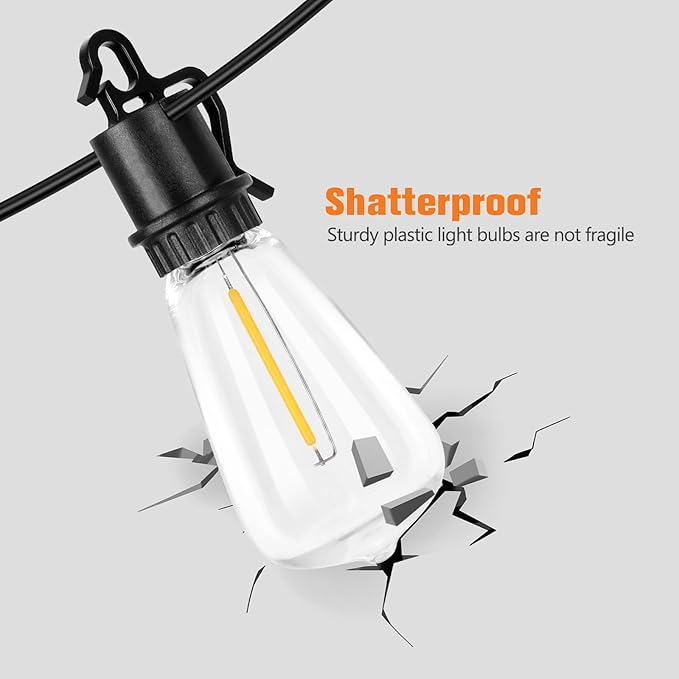 50FT Solar String Lights Outdoor with Remote, IP65 Waterproof Shatterproof ST38 LED Bulbs, 2700K Dimmable Outside Hanging Lights for Patio, Garden, Camping, Deck, Backyard Decor