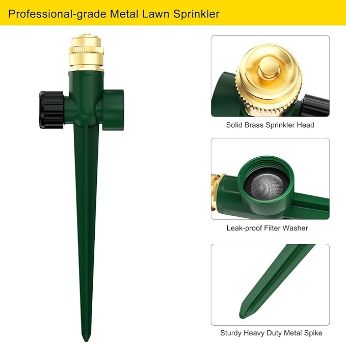 FANHAO 2 Pack Metal Lawn Sprinkler for Yard, Automatic Garden Water Sprinkler on Spike Base, Adjustable Irrigation System 360 Degree Large Area Coverage for Lawn Grass Patio Garden Irrigation