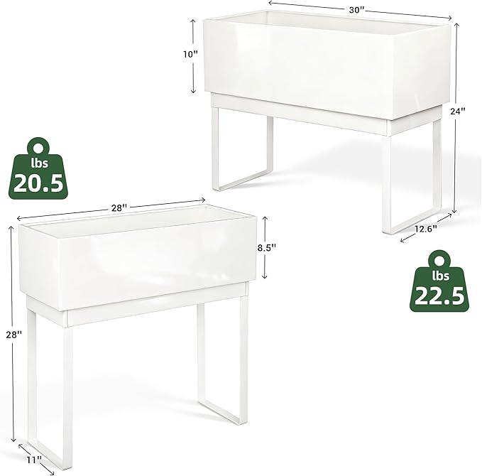 Worth Set of 2 Raised Metal Planter Box with Legs, Large & Small Galvanized Steel Elevated Garden Beds with Drainage Hole & Plug for Vegetables, Flowers & Herbs, Indoor & Outdoor Use - Glossy White