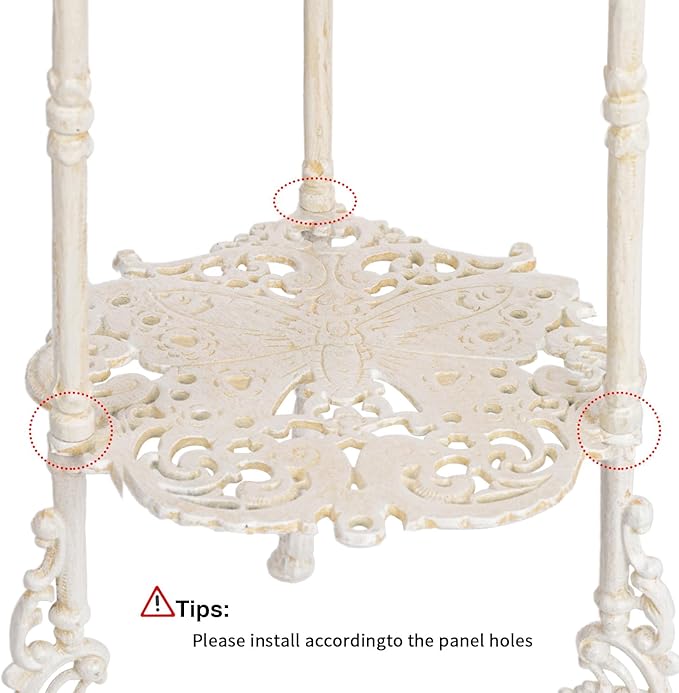 Sungmor Vintage Cast Iron 2-Tier Plant Stand, Elegant Butterfly & Floral Design with Antique White Finish, 24 Inch Tall Rustic Flower Pot Holder, Heavy Duty Metal Display Shelf for Indoor and Outdoor