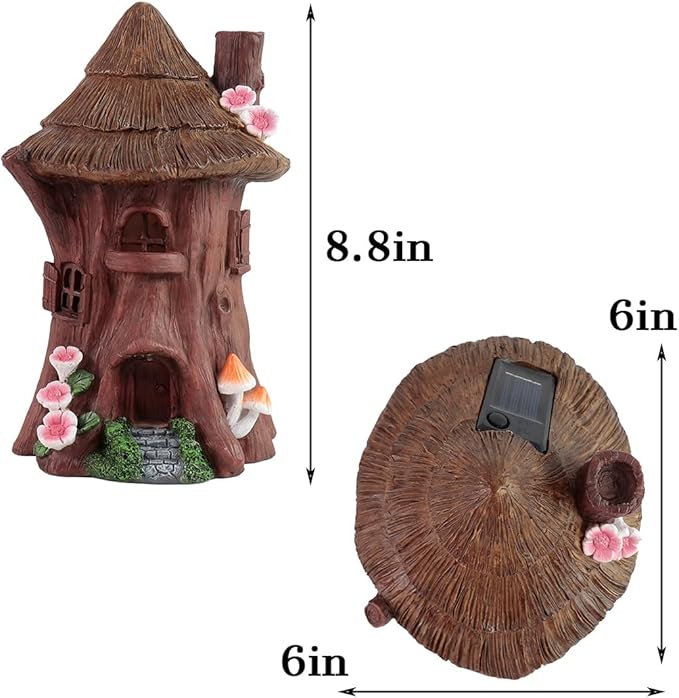 Solar Light Fairy Tree House - Fun Natural Figurine Sculpture with Solar LED Lights for Indoor Outdoor Art Decorations, Patio Yard Lawn Ornaments Gift