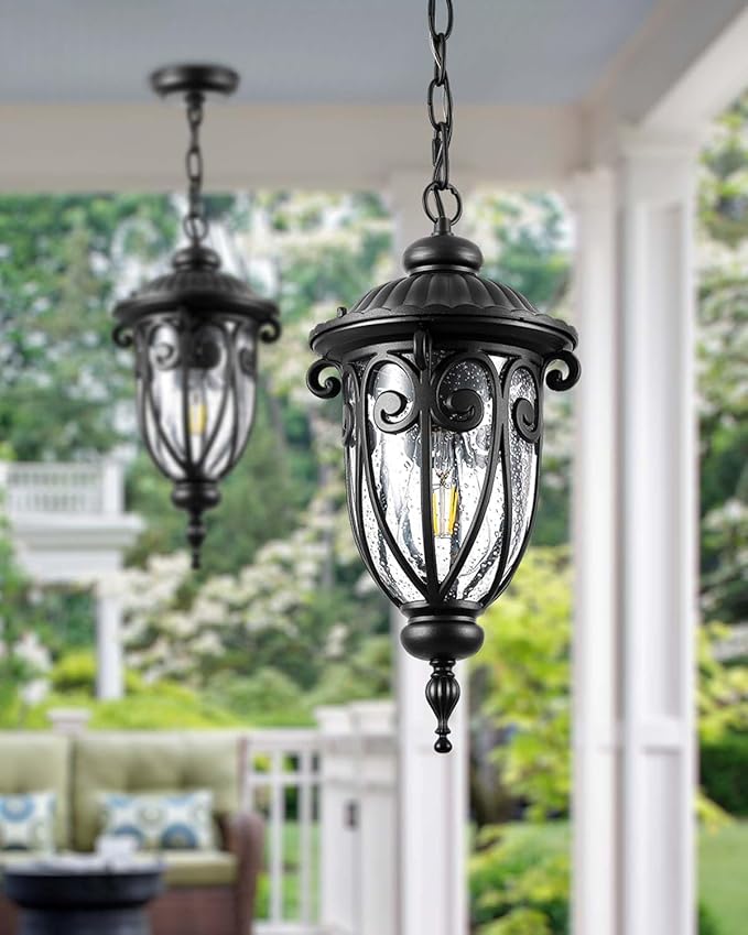 VIANIS Black Outdoor Pendant Light Lantern, Modern Chandelier, Handcrafted Hanging Lights with Seed Glass, Outdoor Ceiling Lights for Porch, House, Doorway, Garden, Entryway