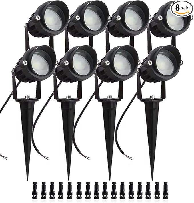 8Pack 5W Low Voltage Landscape Lights with Connectors Outdoor Lighting 24V AC/DC Focusing Lens LED Landscape Spotlights,600LM Warm White Waterproof Outdoor Garden Yard Lights