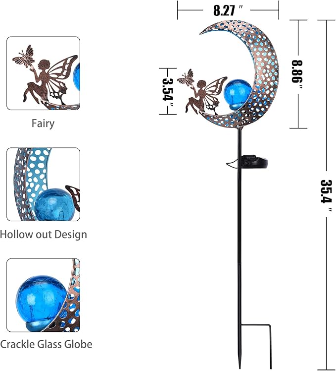 Bshine Moon Solar Light Outdoor Garden Decoration, Moon Fairy Garden Statue Decor,Metal Waterproof Light Stake for Patio, Path, Yard and Lawn Ornament, Housewarming Gift for Mom,Blue