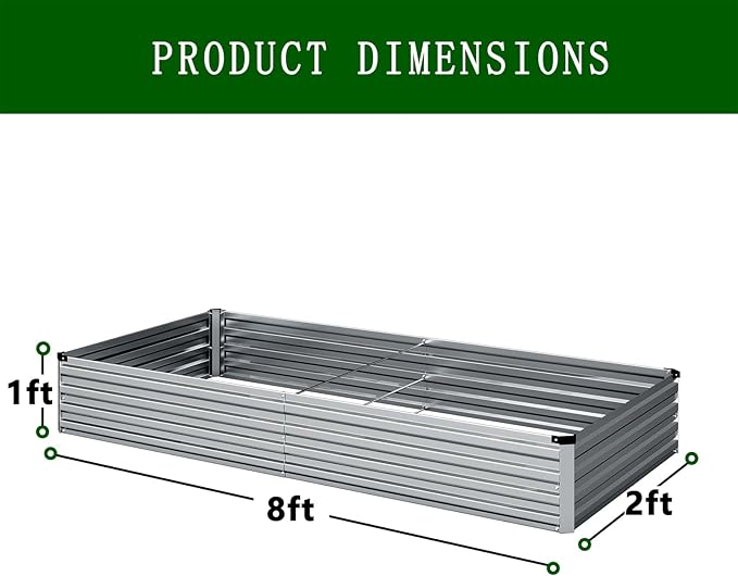 ZUNUDA 8×2×1FT(2PCS) Galvanized Raised Garden Bed Kit, Metal Planter Boxes，Large Outdoor Planters Garden for Planting Vegetables,Flowers,Herbs -Silver
