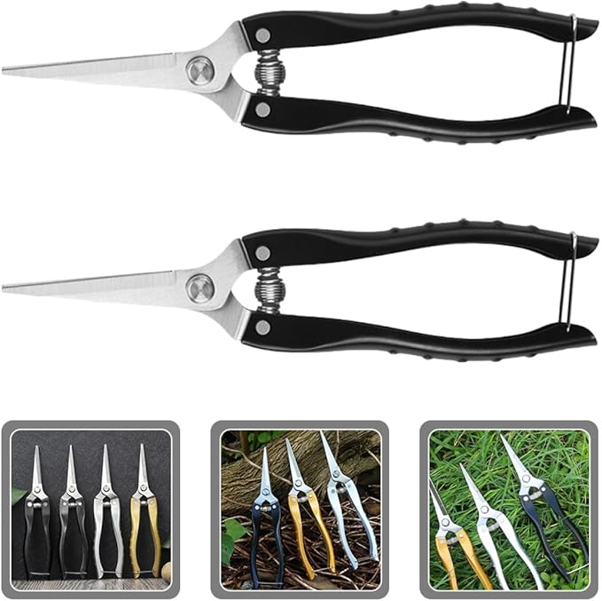 2pcs Garden Pruning Shears and Plant Clippers for Fruit Trees, Vegetable and Flower Trimming, Stainless Steel Blades with Straight Heads, Large Black Gardening Hand Tools for Fruit