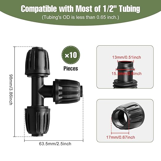 10 Pack 1/2 Inch Drip Irrigation Fittings Tee Connectors for 1/2 Inch Drip Irrigation Tubing (1/2" ID x 0.60"-0.65" OD), Anti-Leak 1/2" Drip Line Barbed Connectors for Most 1/2" Tubing