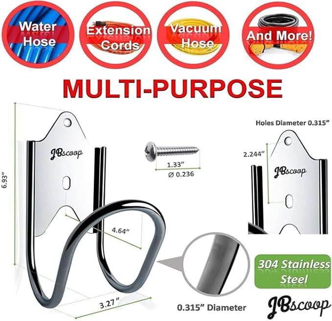 JBscoop Stainless Steel Garden Hose Hanger (Set of 2), for Garden Hose Holder, Rust Free Hose Holder Wall Mount, Heavy Duty Wall Mount Hose Hanger