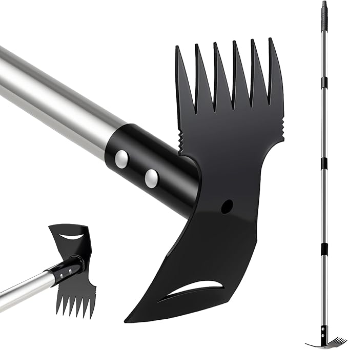Weed Puller Tool with Long Handle(58IN), 2-in-1 Gardening Hand Tools Weeds Remover, Weeder Rake & Garden Hoe Combo, Manual Weeding Puller Tool for Garden Yard Patio Lawn