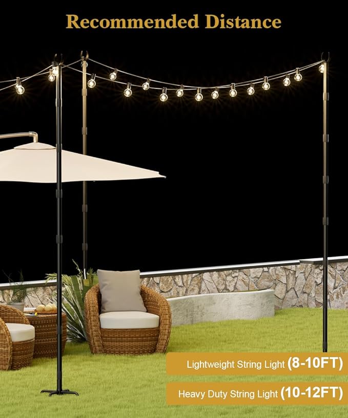 10Ft String Light Poles for Grass & Soil, Outdoor Light Stand with 5-Prong Fork Base, Heavy-Duty Metal Poles for Backyard, Garden & Patio Party Lighting, Rustproof & Adjustable, 2 Pack