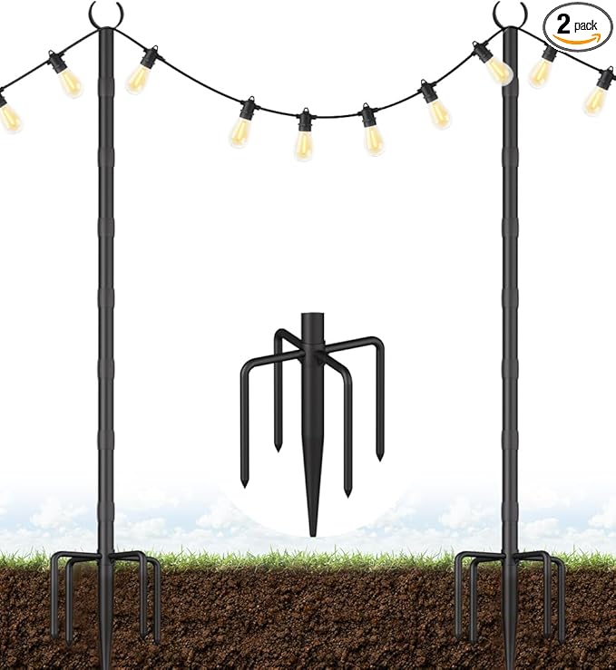 10Ft String Light Poles for Grass & Soil, Outdoor Light Stand with 5-Prong Fork Base, Heavy-Duty Metal Poles for Backyard, Garden & Patio Party Lighting, Rustproof & Adjustable, 2 Pack