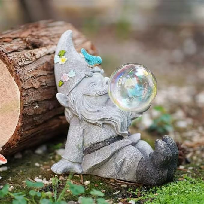 Gnome Statue Solar Bubble Lights Waterproof Outdoor Garden Decor for Patio, Lawn, Yard Cute Gnome Ornament & Housewarming Gift for Outside