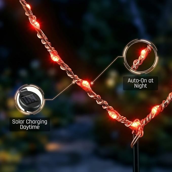 Solar Heart Garden Stake Light with Copper Wire LED - Red Light - Metal Frame Valentine's Day Outdoor Decor for Yard Patio Pathway - Waterproof Red Heart Shaped Solar Lights, Lawn Decor, Gift