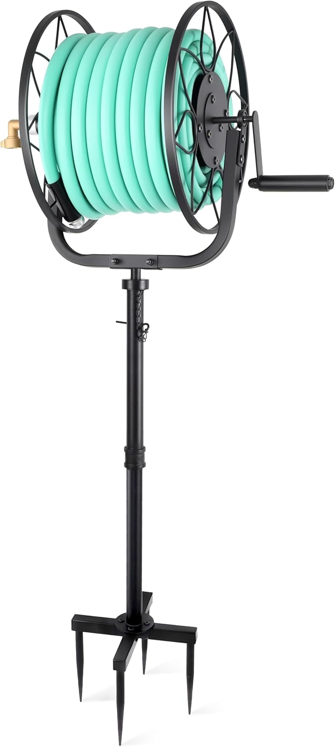 Favormony Garden Hose Reel - Heavy Duty Outdoor Turntable Water Hose Holder with Sturdy Cross Base, 100 ft of 5/8" Hose Capacity, Height Adjustable 360 Degree Rotate Freestanding Hose Stand for Yard
