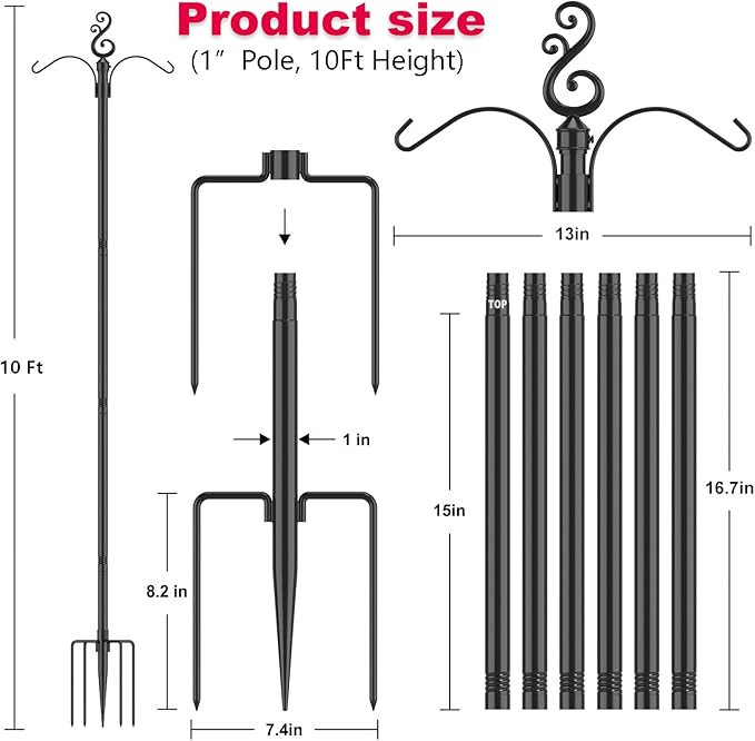 10 Ft Height 1 Inch Diameter String Light Poles StringLight Stand with Hooks Metal Poles for Outside Patio Yard Garden Backyard (10Ft Pole with Hooks, 2)