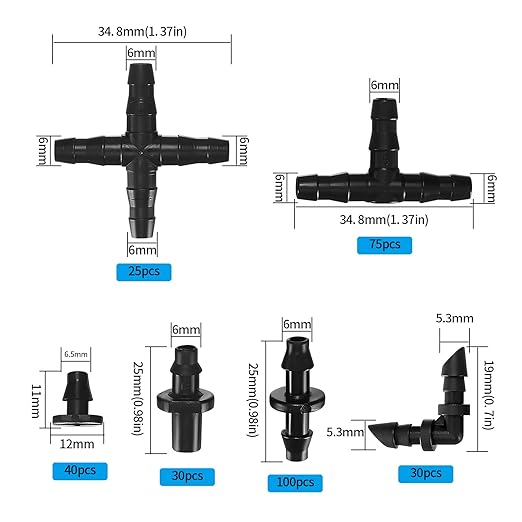 300 Pcs Irrigation Fittings Kit, Irrigation Barbed Connectors Parts, Drip Irrigation Barbed Connectors 1/4'' Tubing Fittings Kit (Single Barbs/Tees/End Plug/4-Way Coupling/Elbows/Straight Barbs)