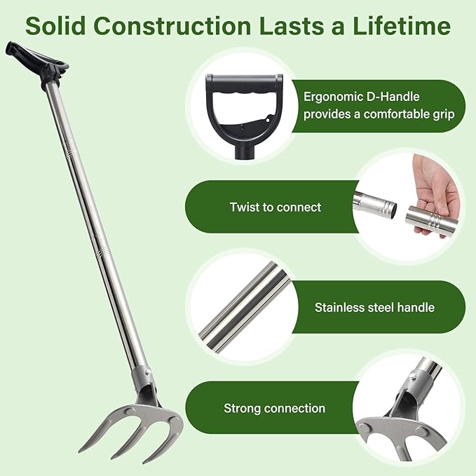 Hand Rake Garden Tool - 57" Long Handle Soil Tiller Cultivator Weeding Rake, 3-Tine Heavy Duty Carbon Steel with D-Grip for Effortless Weeds Digging, Soil Loosening, Planting