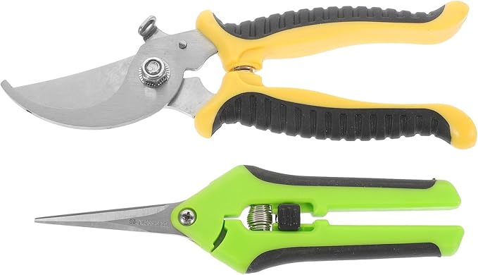 Uonlytech 2pcs Sk5 Steel Garden Pruning Shears and Straight Nose Trimming Scissors Set for Fruit Trees and Plants, Yellow and Green Multi-function Gardening Tool Kit for Home and Outdoor Use