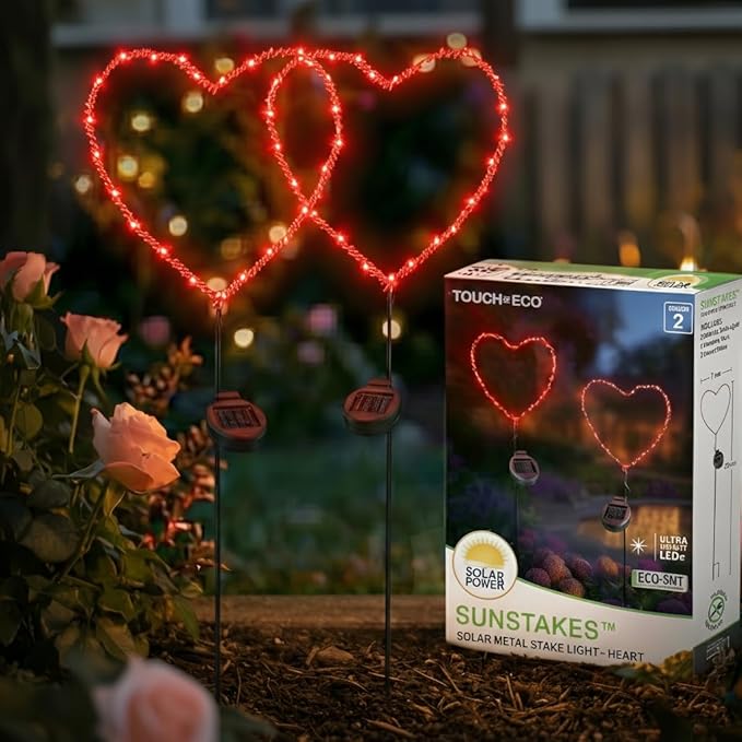 Solar Heart Garden Stake Light with Copper Wire LED - Red Light - Metal Frame Valentine's Day Outdoor Decor for Yard Patio Pathway - Waterproof Red Heart Shaped Solar Lights, Lawn Decor, Gift