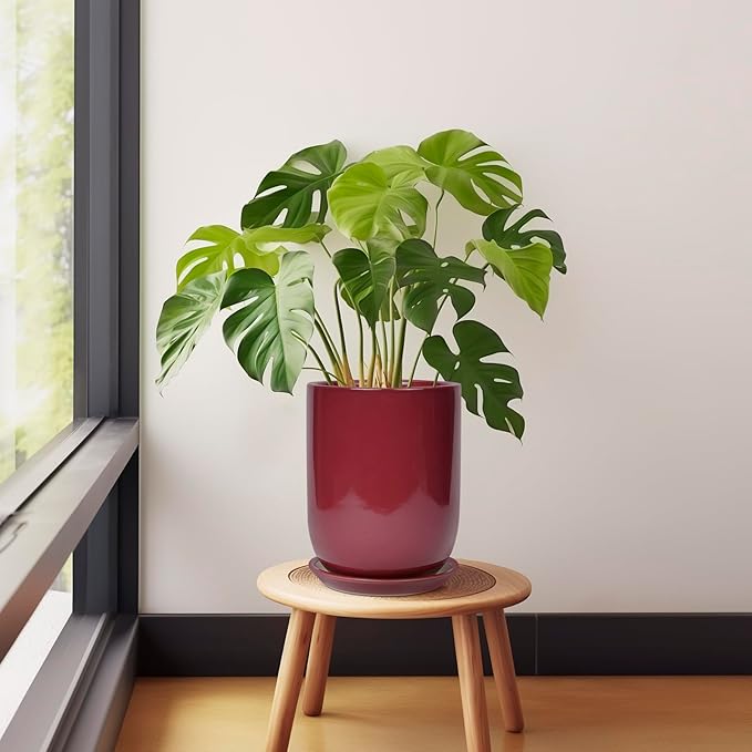 SUNPOTFOR Ceramic Pot for Plants - 8 Inch Plant Pot Indoor with Drainage Hole and Saucer Cylinder Flower Pot for Indoor Outdoor Plants Home Patio Office Decor Red