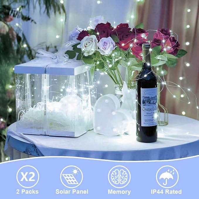 QITONG 4 Pack Solar Fairy Lights, Each 33ft 100 LED White Christmas String Light Outdoor Waterproof, 8 Modes Silver Wire Twinkle Mini Lights