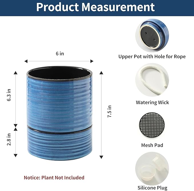 HASENSE Plant Pot, 6 Inch Ceramic Plant Pot with Drainage System and Matching Saucer, Ideal for Indoor Herb Gardens and Office Spaces,Modern Blue Home Office Decorative Gifts