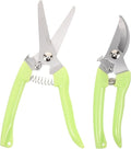 2pcs Stainless Steel Pruning Scissors Gardening Hand Tools Green Curved and Straight Blades Garden Shears for Branch and Flower Trimming