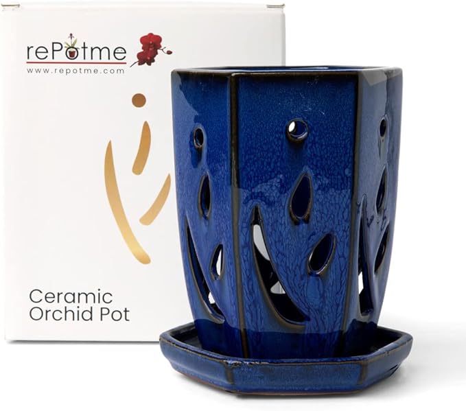 rePotme 4 x 6 inch Hexagon Ceramic Orchid Pot with Holes (Midnight Blue) - Ideal Plant Pot for Repotting Orchids and Other Flowers - Indoor/Outdoor