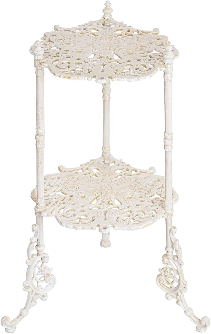 Sungmor Vintage Cast Iron 2-Tier Plant Stand, Elegant Butterfly & Floral Design with Antique White Finish, 24 Inch Tall Rustic Flower Pot Holder, Heavy Duty Metal Display Shelf for Indoor and Outdoor