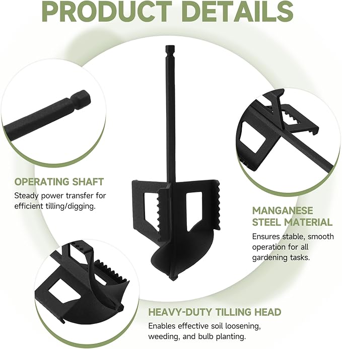 4-in-1 Cultivator, Soil Tiller, Soil Digger and Soil Loosener Auger Attachment for 3/8" Hex Drive Drill, Ideal for Raised Beds, Plant Boxes, Home Gardening Soil Loosening